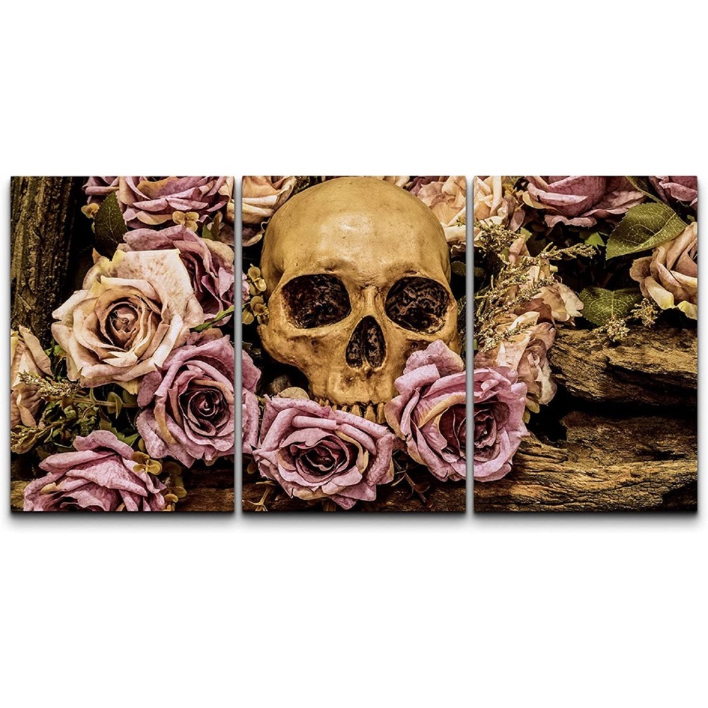 Moody Gothic " Human Skull Roses Background " 3 - Pieces